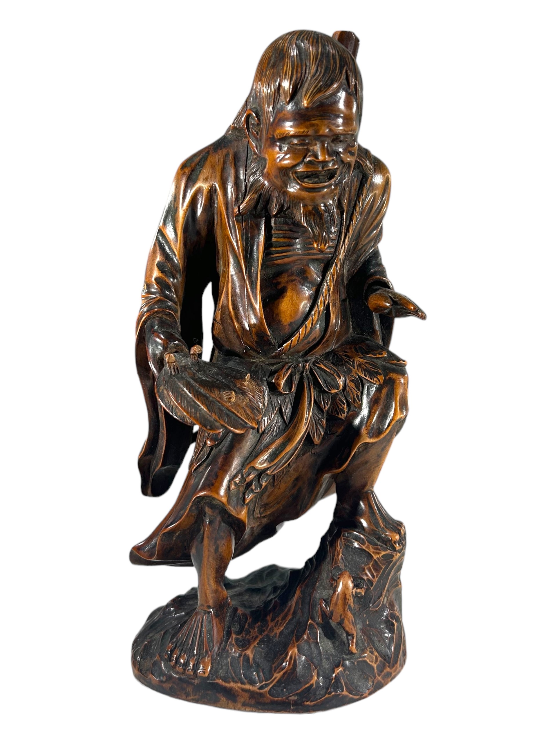 A JAPANESE MEIJI PERIOD CARVED WOODEN FIGURE OF THE DAOIST IMMORTAL, GAMA SENNIN WITH FROG Marked - Image 2 of 7