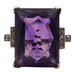 (POSSIBLY FRENCH) A 1930’S ART DECO WHITE METAL, AMETHYST AND DIAMOND COCKTAIL RING, WHITE METAL