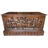 A RARE 15TH CENTURY FRENCH CARVED WALNUT COFFER,With hinge lid above carved panel in relief with a
