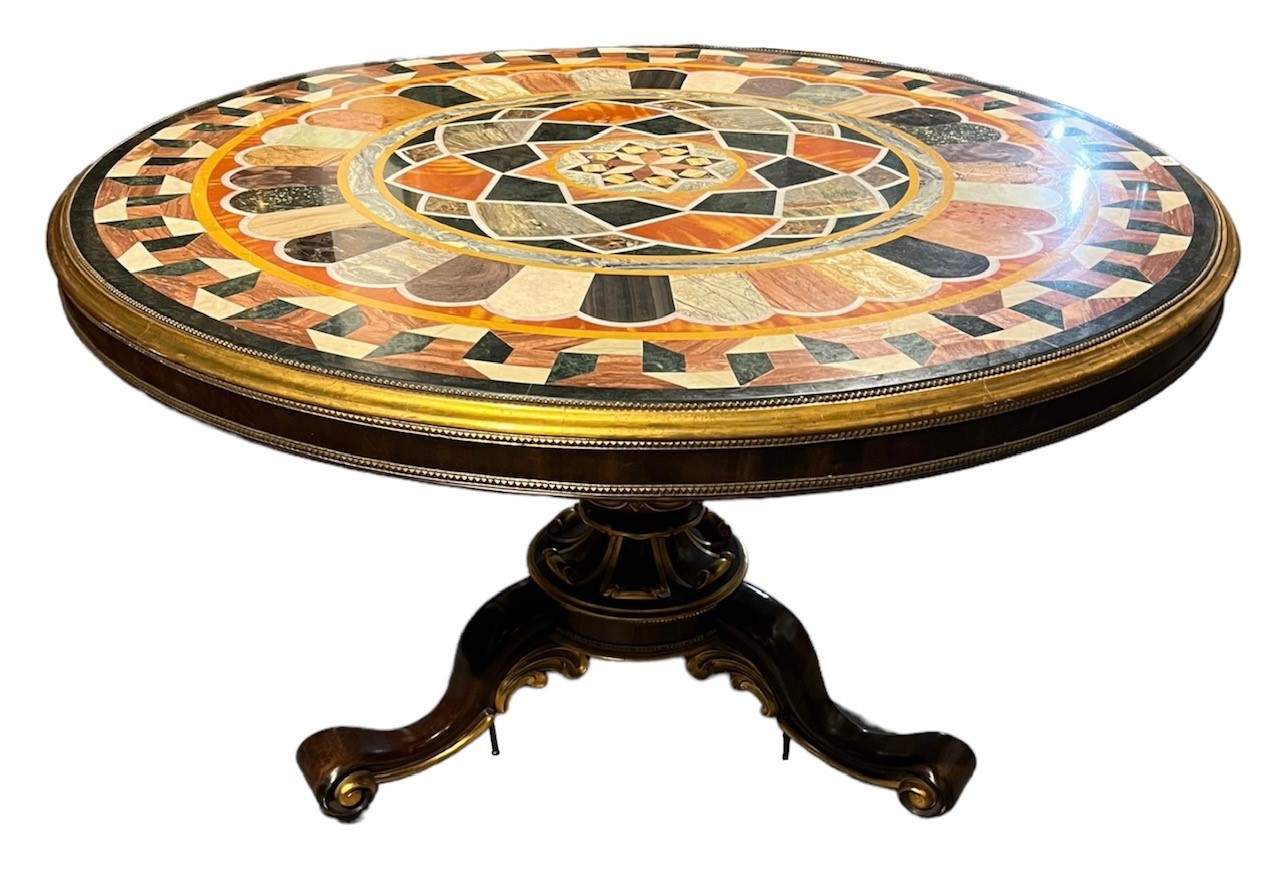 A FINE 19TH CENTURY VICTORIAN ROSEWOOD AND PARCEL GILT METAL MOUNTED SPECIMEN CIRCULAR TOP CENTRE - Image 7 of 7