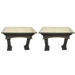 A PAIR OF ARCHITECTURAL DESIGN MIRRORED TOP AND PAINTED CONSOLE TABLES. (h 90cm x d 50cm x w 110cm)