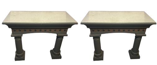 A PAIR OF ARCHITECTURAL DESIGN MIRRORED TOP AND PAINTED CONSOLE TABLES. (h 90cm x d 50cm x w 110cm)