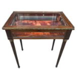 A 19TH CENTURY FRENCH MAHOGANY AND GILT METAL MOUNTED BIJOUTERIE TABLE With hinge top raised on