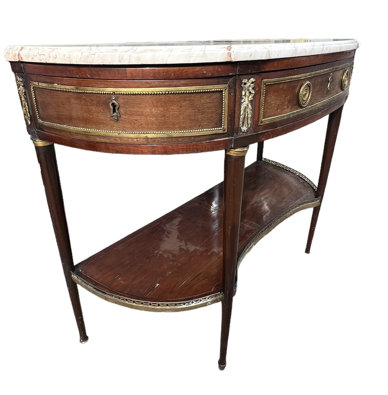 AN 18TH CENTURY FRENCH LOUIS XI PERIOD MAHOGANY AND GILT METAL MOUNTED DESSERT CONSOLE TABLE - Image 4 of 9