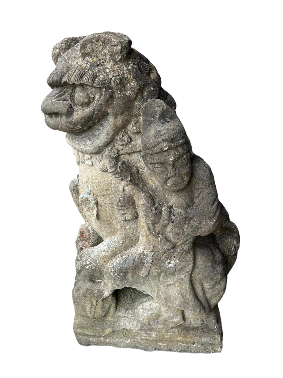 A LARGE RARE PAIR OF CHINESE 15TH CENTURY CARVED STONE MING DYNASTY YONGLE PERIOD BUDDHIST LIONS - Image 8 of 20