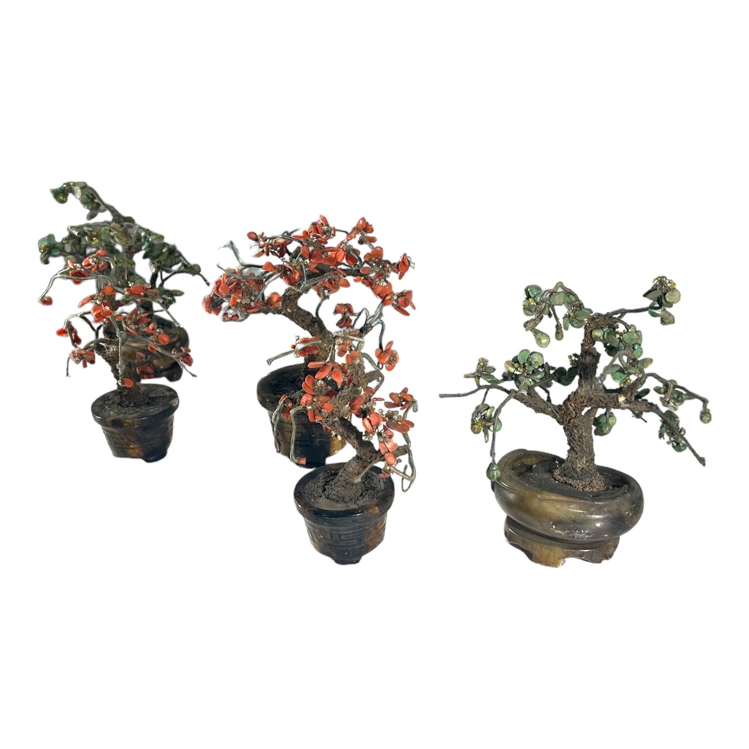 A COLLECTION OF FIVE CHINESE RED AND GREEN JASPER BONSAI TREES ON CARVED SOAPSTONE PLANTER BASES. ( - Image 2 of 3