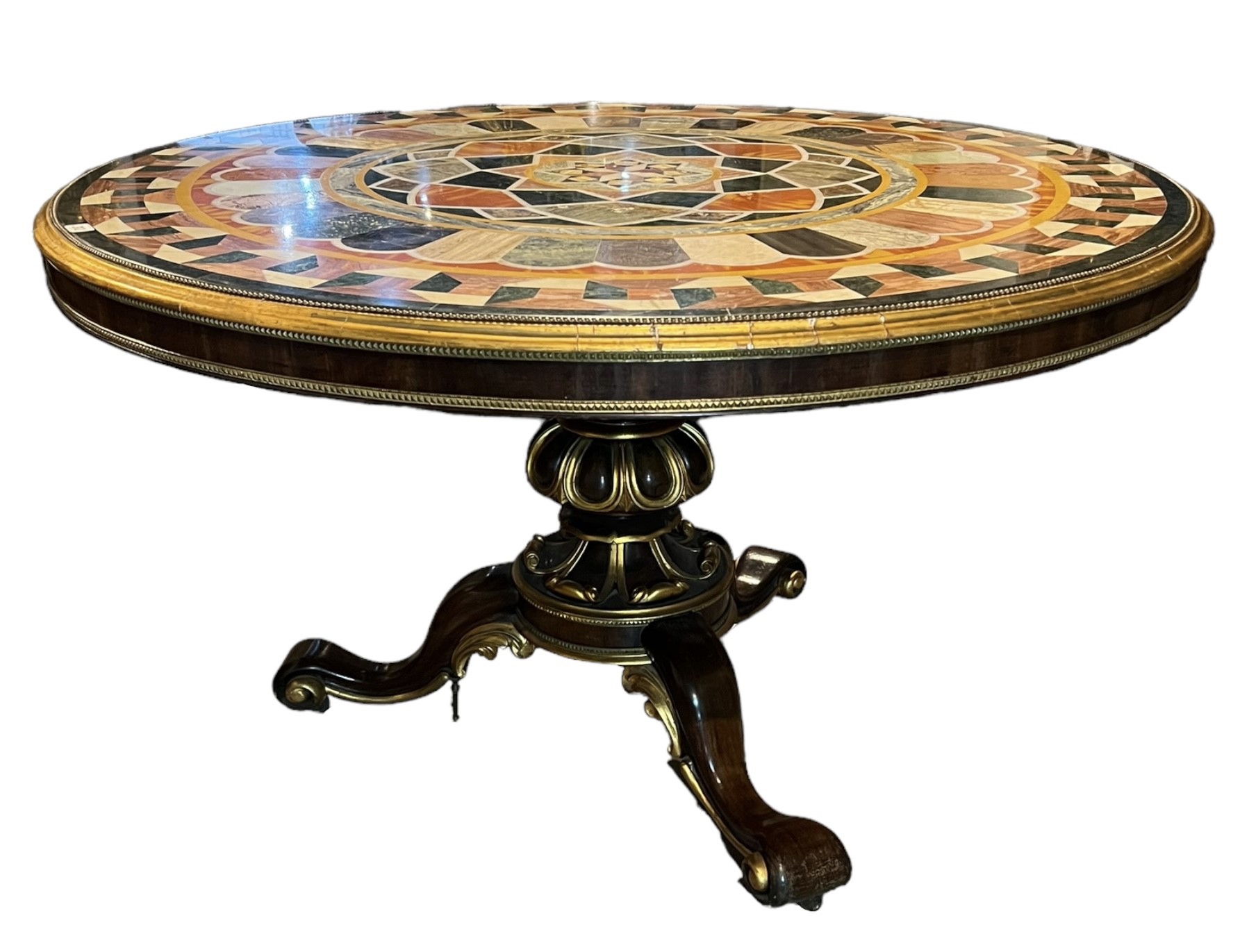 A FINE 19TH CENTURY VICTORIAN ROSEWOOD AND PARCEL GILT METAL MOUNTED SPECIMEN CIRCULAR TOP CENTRE - Image 6 of 7
