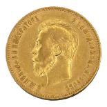 AN EARLY 20TH CENTURY RUSSIAN, 21CT GOLD NICOLAS II 10 ROUBLES COIN, DATED 1901. (diameter 22.5mm,