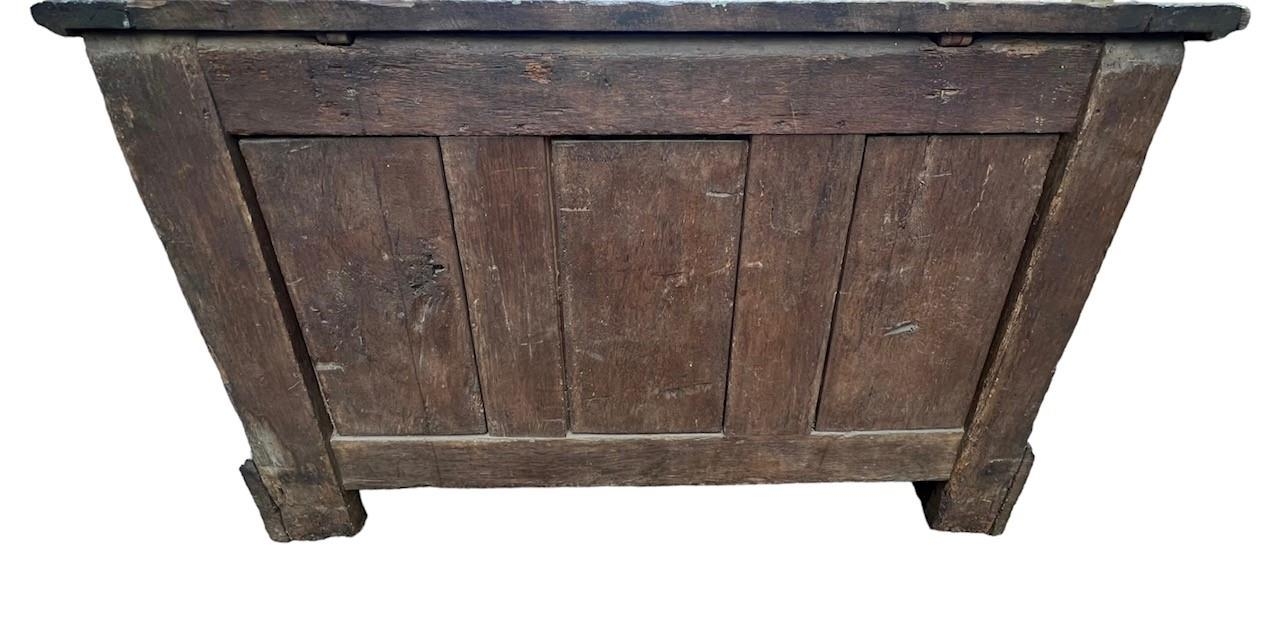 A 16TH CENTURY FRENCH, OAK COFFER with hinged lid above carved freeze decorated with swags and - Image 6 of 13