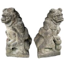 A LARGE RARE PAIR OF CHINESE 15TH CENTURY CARVED STONE MING DYNASTY YONGLE PERIOD BUDDHIST LIONS