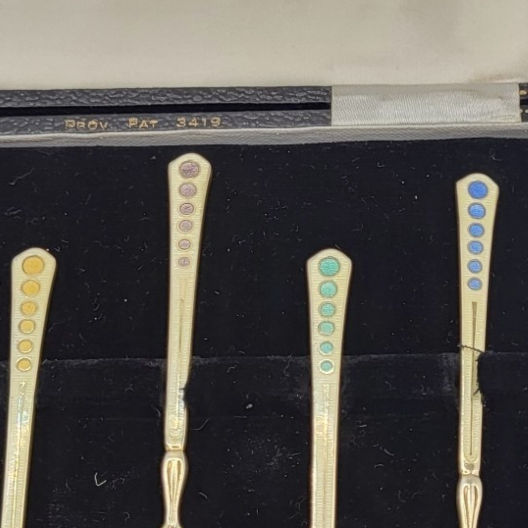 TURNER & SIMPSON LTD, A CASED SET OF SIX SILVER GILT & ENAMEL TEASPOONS, HALLMARKED BIRMINGHAM, 1954 - Image 2 of 2