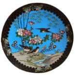 A JAPANESE MEIJI PERIOD CLOISONNÉ PLATE Decorated with birds and flowers in river landscape. (