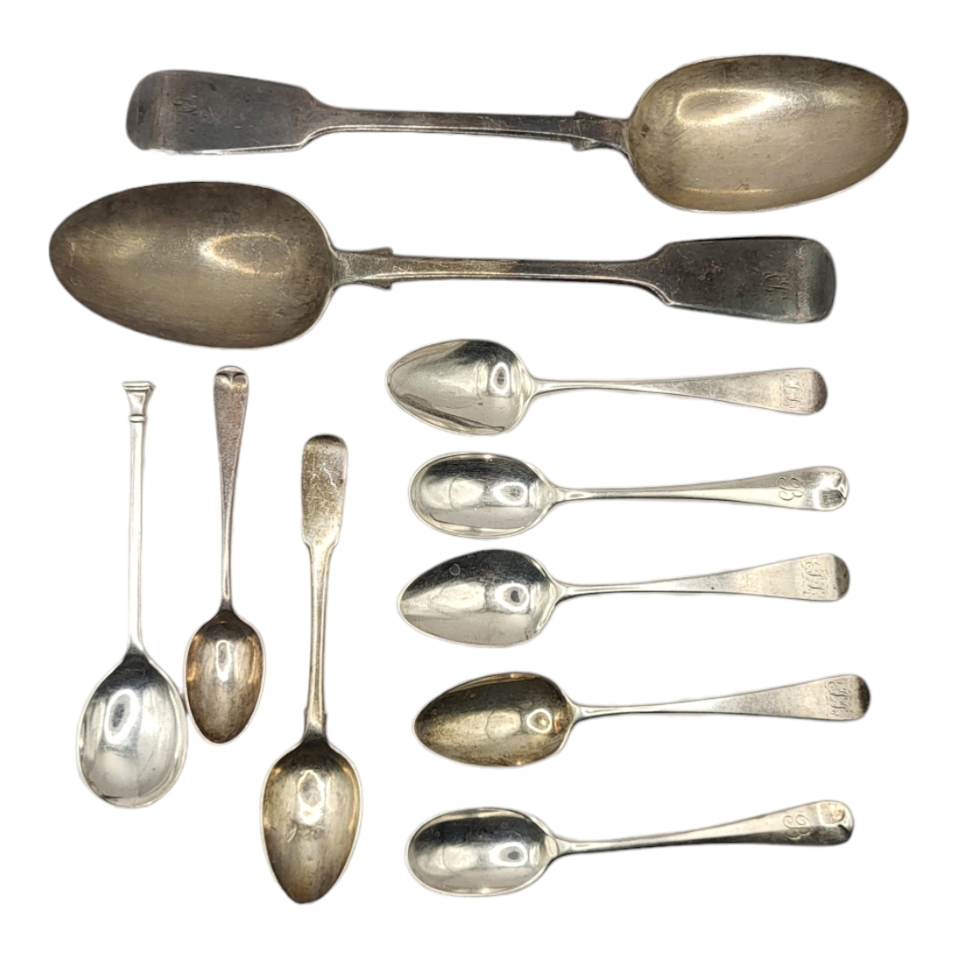 ROBERT WALLIS. PAIR OF VICTORIAN SILVER TABLE SPOONS, HALLMARKED LONDON, 1838, TOGETHER WITH A