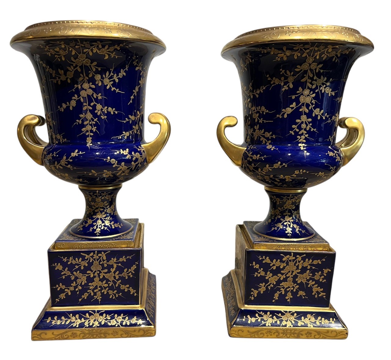 ACKERMANN & FRITZE, A PAIR OF EARLY 20TH ENTURY VIENNA STYLE TWIN HANDLED PORCELAIN URNS Decorated - Image 6 of 11