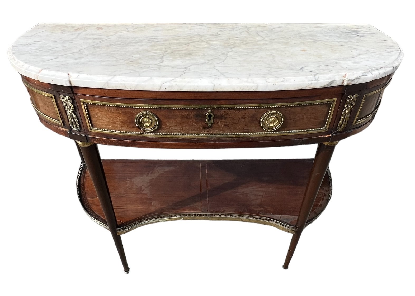 AN 18TH CENTURY FRENCH LOUIS XI PERIOD MAHOGANY AND GILT METAL MOUNTED DESSERT CONSOLE TABLE