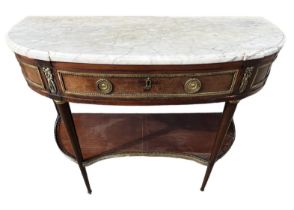 AN 18TH CENTURY FRENCH LOUIS XI PERIOD MAHOGANY AND GILT METAL MOUNTED DESSERT CONSOLE TABLE