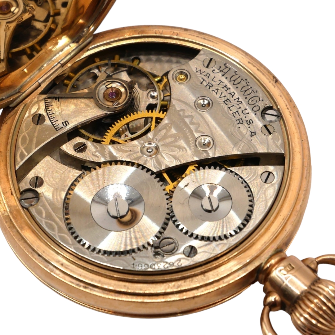 AMERICAN WALTHAM WATCH CO., MASSACHUSETTS, A 9CT GOLD DOUBLE HUNTER WALTHAM TRAVELLER POCKET - Image 3 of 4