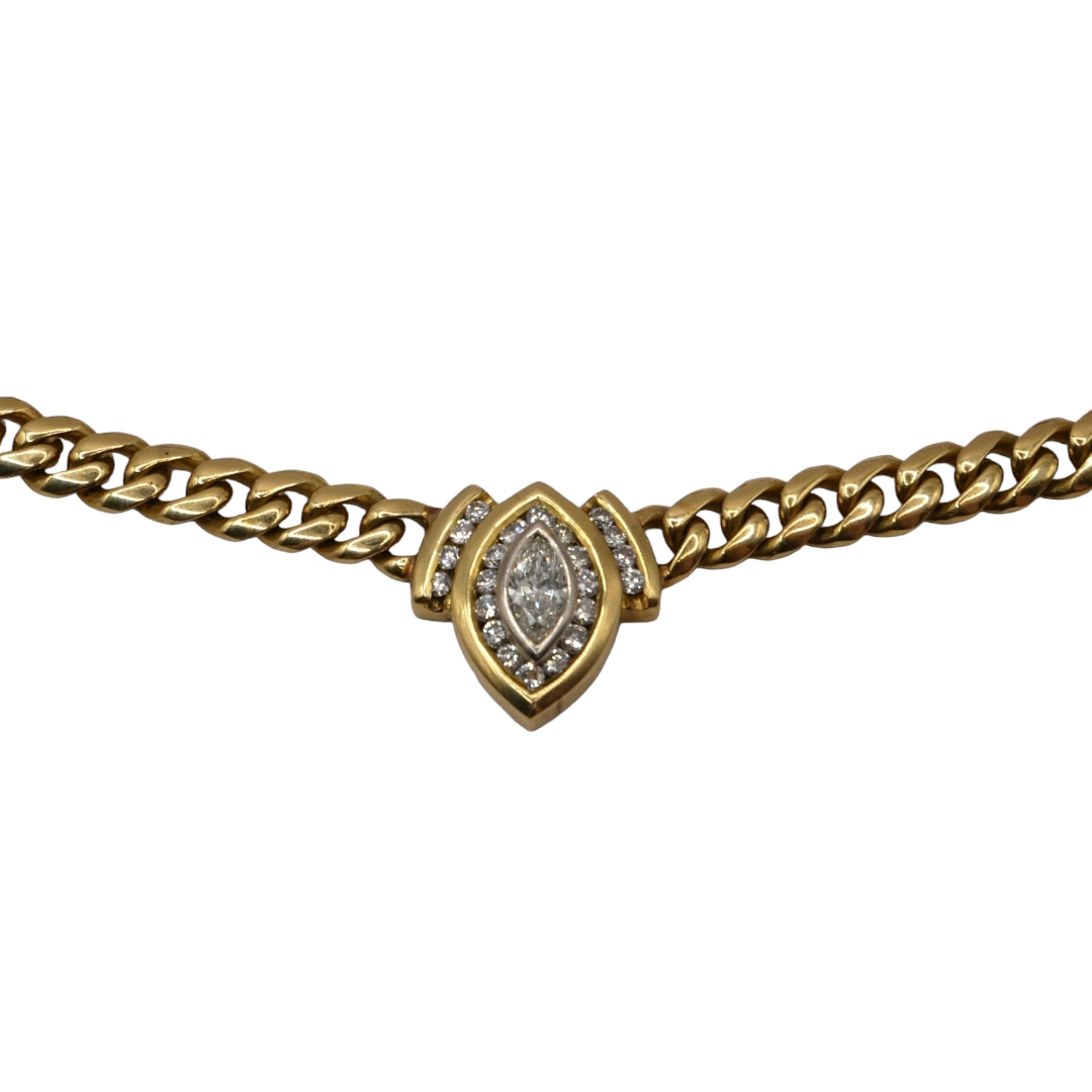 A VINTAGE 18CT YELLOW GOLD AND DIAMOND NECKLACE Having central marquise cut diamond (approx. 7mm x - Image 2 of 4