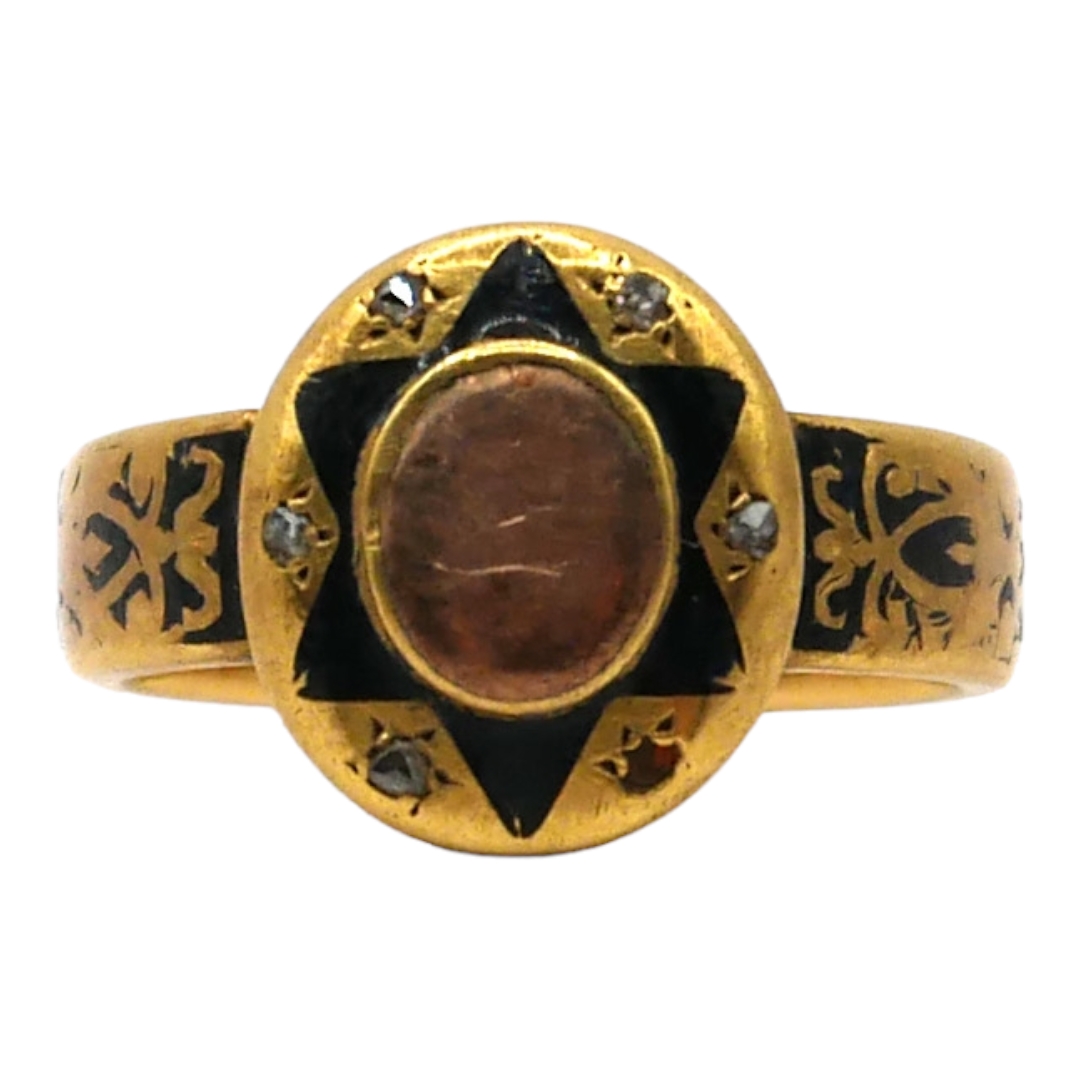 A VICTORIAN YELLOW METAL, DIAMOND AND ENAMEL MEMENTO MORI RING, DATED 1882 (YELLOW METAL TESTS AS