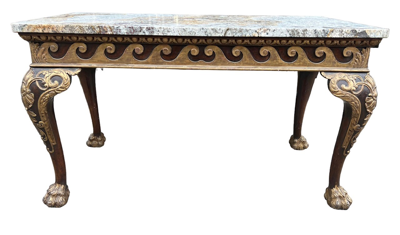 MANNER OF WILLIAM KENT, AN 18TH CENTURY CARVED WALNUT AND PARCEL GILT CENTRE TABLE The coloured - Image 4 of 39