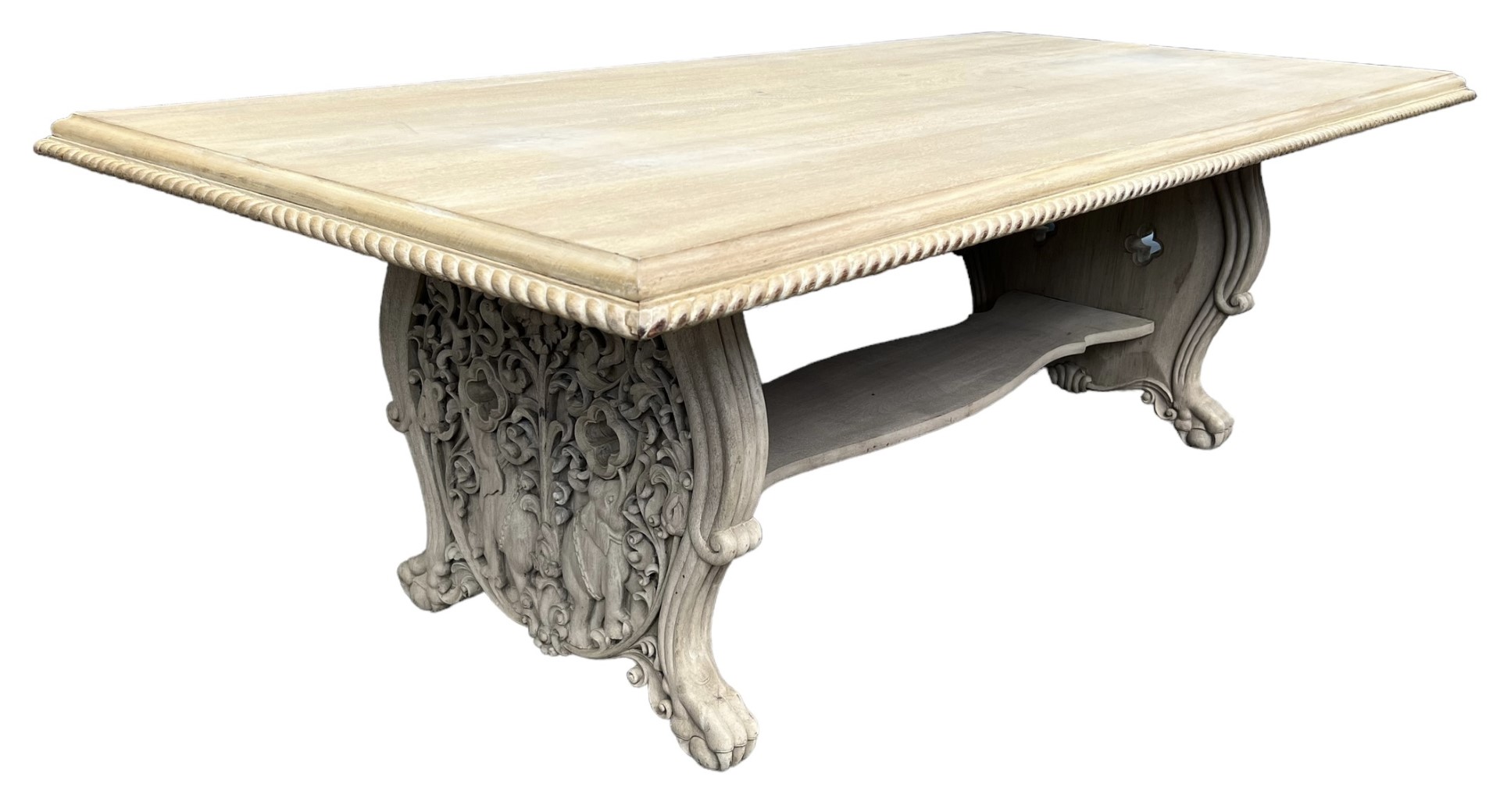 A LARGE DECORATIVE LIME OAK CARVED REFECTORY TABLE The large plank top support on carved and pierc - Image 5 of 6