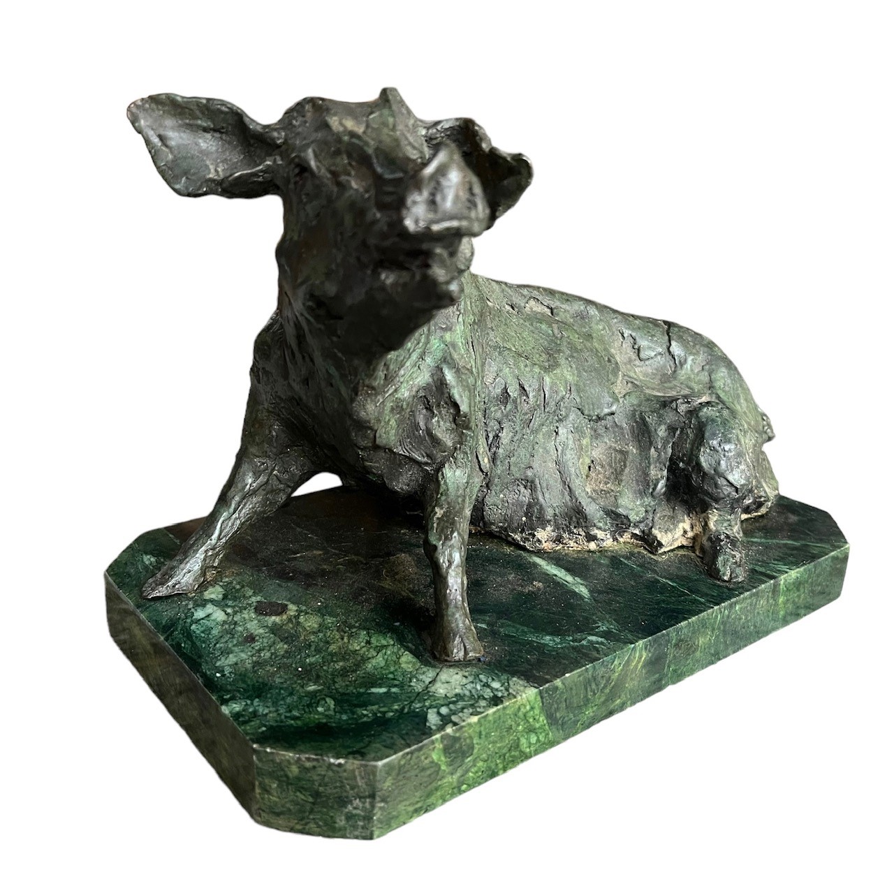 A DECORATIVE 20TH CENTURY BRONZE SCULPTURE OF A SEATED PIG Raised on a marble plinth base, - Image 2 of 8