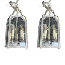 CHARLES EDWARDS, LONDON, A PAIR NICKEL SILVER REGENCY DESIGN GLASS HALL LANTERNS Retail price £