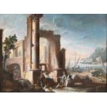 A LARGE 18TH CENTURY OIL ON CANVAS, ITALIAN RUINS, HARBOUR SCENE, FIGURES AND SOLDIERS Held in
