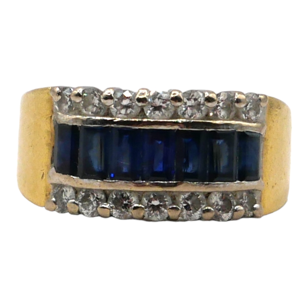 A VINTAGE 18CT GOLD, DIAMOND AND SAPPHIRE RING Consisting of seven baguette cut sapphires (approx. - Image 2 of 2