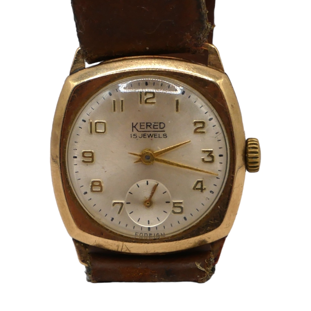 KERED, FRENCH, A VINTAGE 9CT GOLD CASED WRISTWATCH Having silver dial, gold toned Arabic numeral