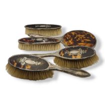 CORKE BROTHERS & CO., AN EDWARDIAN STYLE SILVER AND TORTOISESHELL FIVE PIECE VANITY SET,