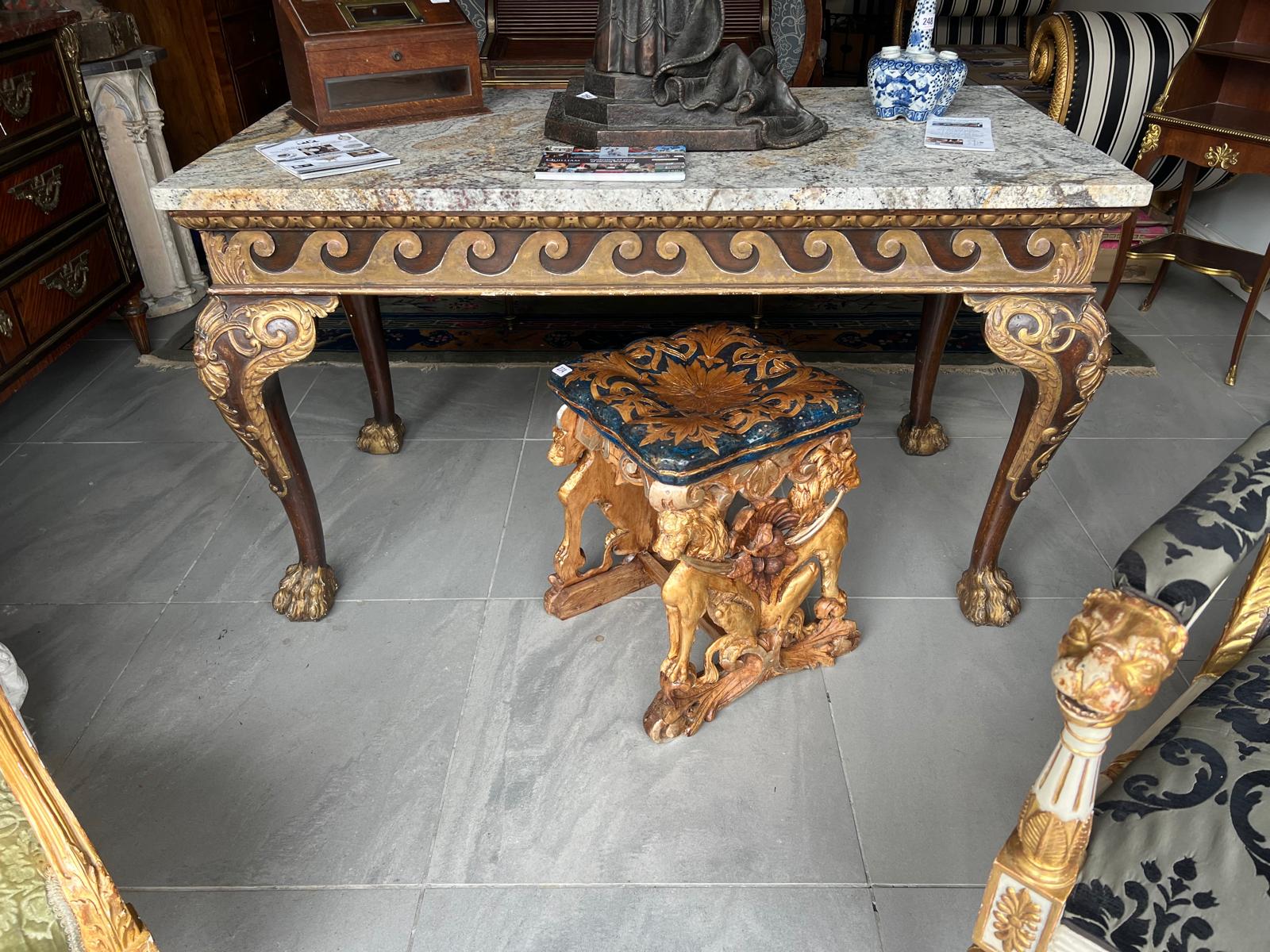 MANNER OF WILLIAM KENT, AN 18TH CENTURY CARVED WALNUT AND PARCEL GILT CENTRE TABLE The coloured - Image 17 of 39