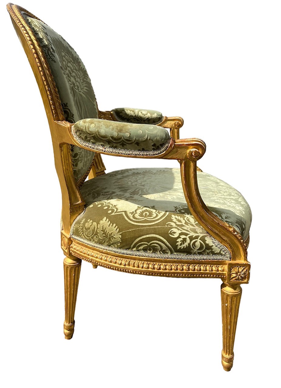 LOUIS DELANOIS, AN 18TH CENTURY FRENCH LOUIS XVI CARVED GILTWOOD ARMCHAIR With oval padded back, - Image 4 of 8