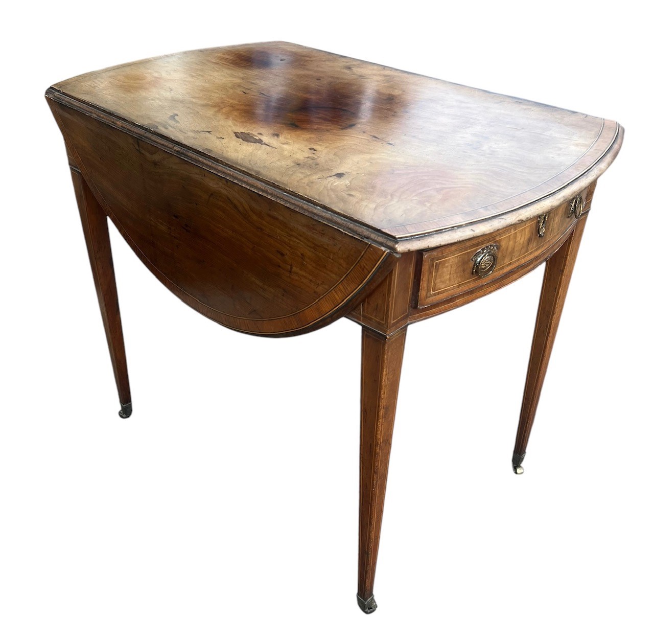 A GEORGE III MAHOGANY AND INLAID OVAL PEMBROKE TABLE With single drawer, raised on square tapering - Image 2 of 4
