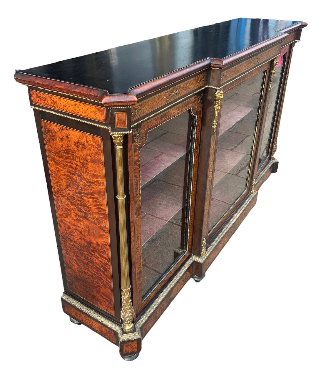 EDWARDS AND ROBERTS, A LARGE 19TH CENTURY VICTORIAN EBONISED BURR WALNUT AND AMBOYNA INLAID AND GILT