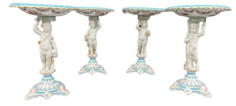 COPELAND, A FINE SET OF FOUR 19TH CENTURY HAND PAINTED PORCELAIN TAZZAS Representing the four