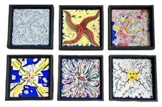 SALVADOR DALI, SPANISH, 1904 - 1989, COMPLETE SET OF SIX PAINTED AND GLAZED CERAMIC TILES All signed