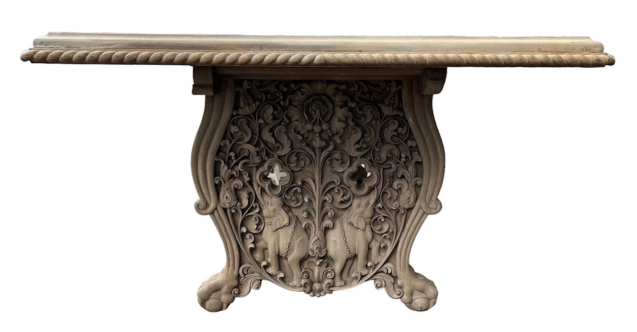 A LARGE DECORATIVE LIME OAK CARVED REFECTORY TABLE The large plank top support on carved and pierc - Image 2 of 6
