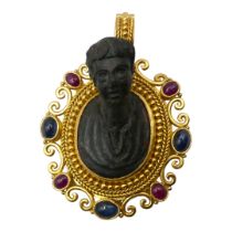 2ND CENTURY BC ROMAN BUST OF A MAN HOUSED IN RENAISSANCE STYLE 22CT YELLOW GOLD, RUBY AND SAPPHIRE