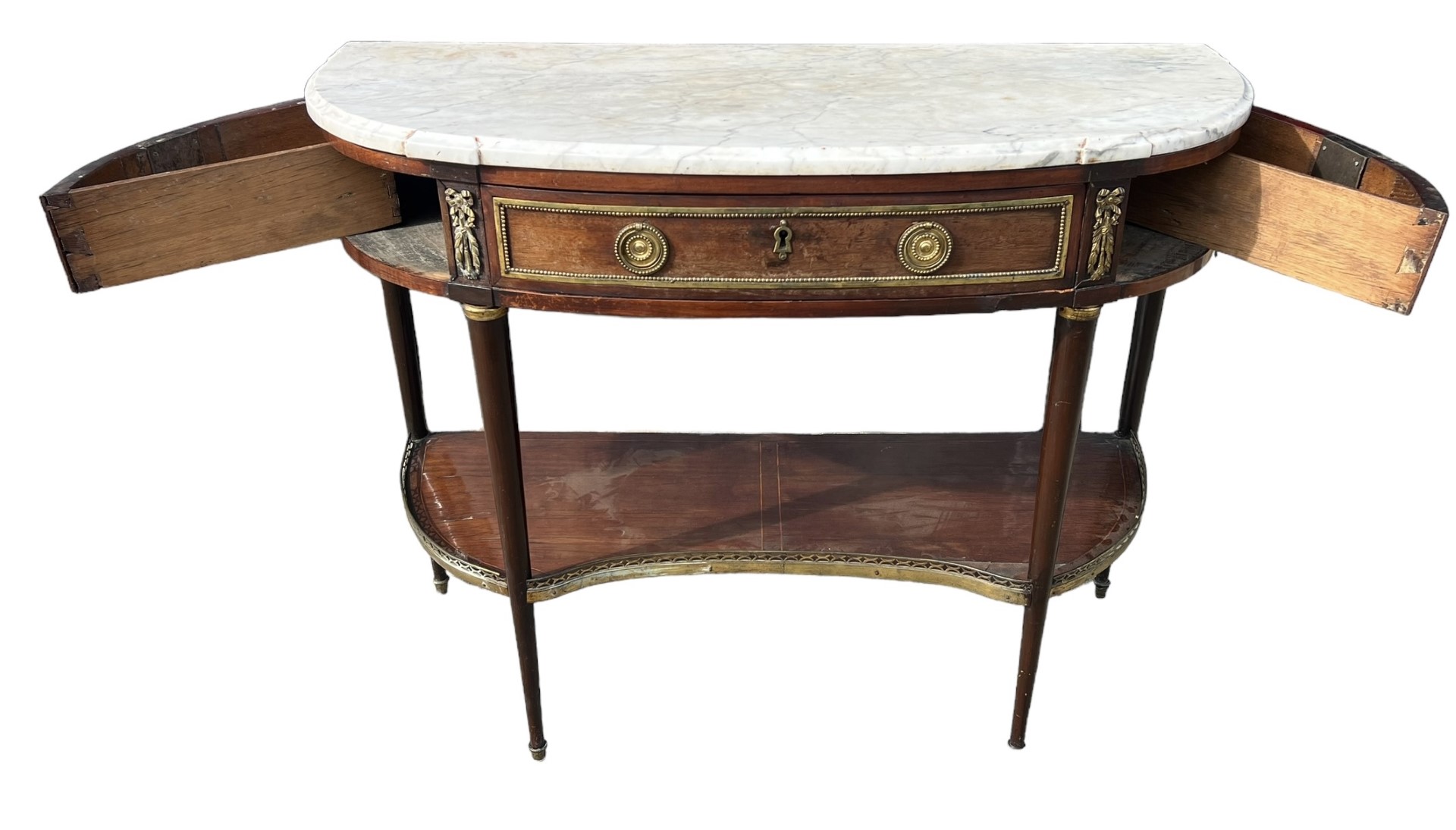 AN 18TH CENTURY FRENCH LOUIS XI PERIOD MAHOGANY AND GILT METAL MOUNTED DESSERT CONSOLE TABLE - Image 2 of 9