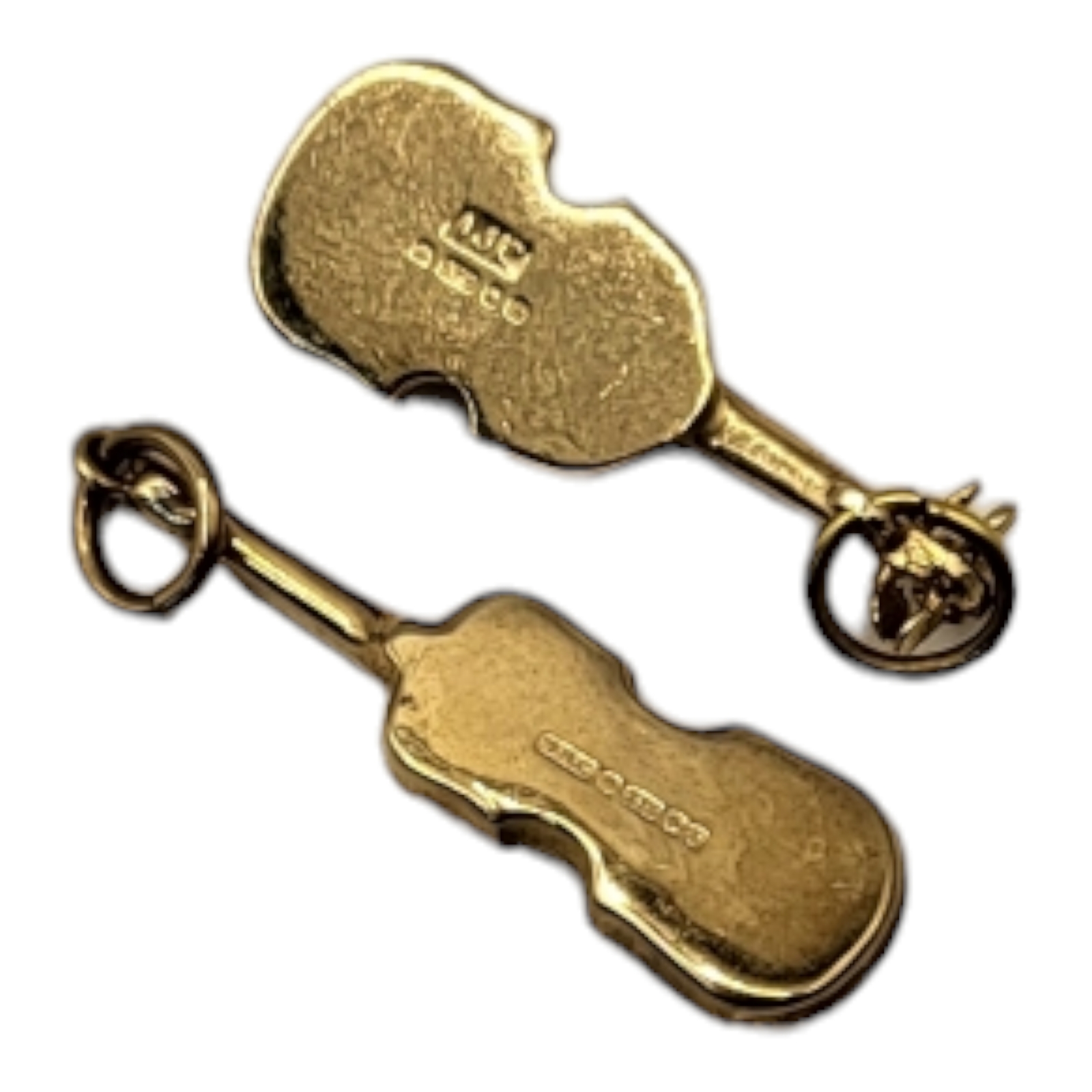 TWO VINTAGE 9CT GOLD 'VIOLIN' CHARMS Each having a hanging bale. (approx 2cm) Condition: good - Image 2 of 3