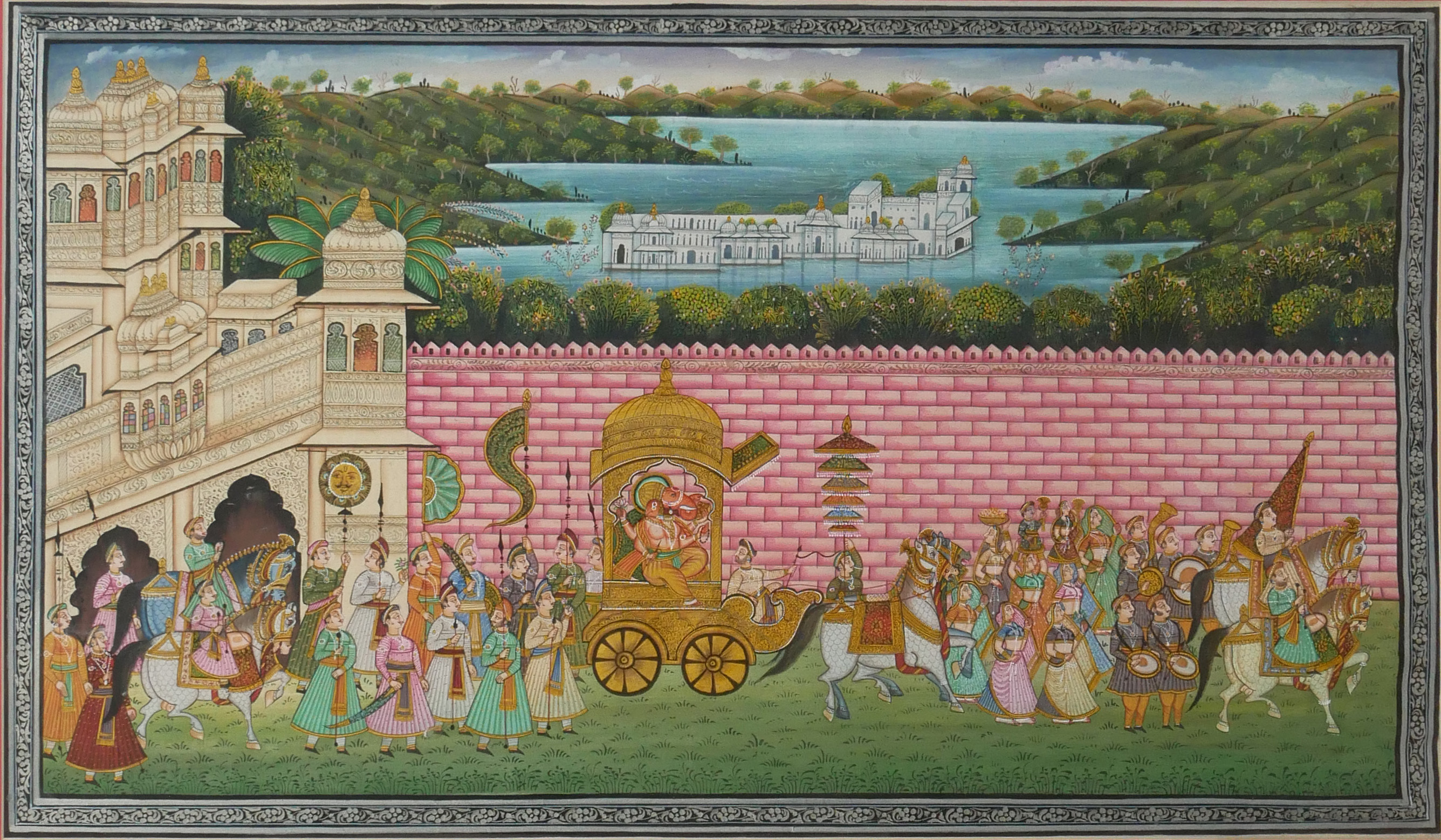 TWO 20TH CENTURY INDIAN WATERCOLOUR ON SILK, LANDSCAPES A procession featuring Ganesh with chariots,
