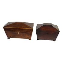 A WILLIAM IV MAHOGANY SARCOPHAGUS SHAPED TEA CADDY, CIRCA 1830 Fitted interior with two lidded