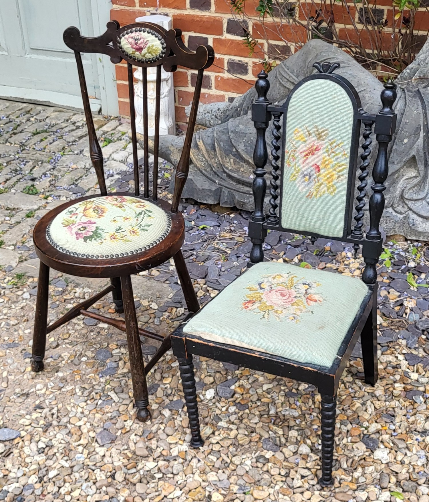 A PAIR OF VICTORIAN MAHOGANY PRIEDIEU CHAIRS With tapestry upholstery on carved Gothic design - Image 5 of 5