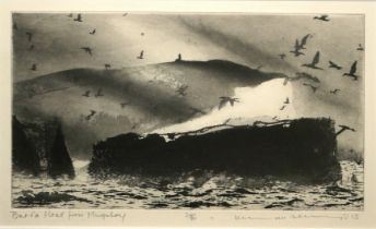 NORMAN ACKROYD, BN 1938, A BLACK AND WHITE ETCHING Titled 'Barra Head from Mingulay 2018', coastal