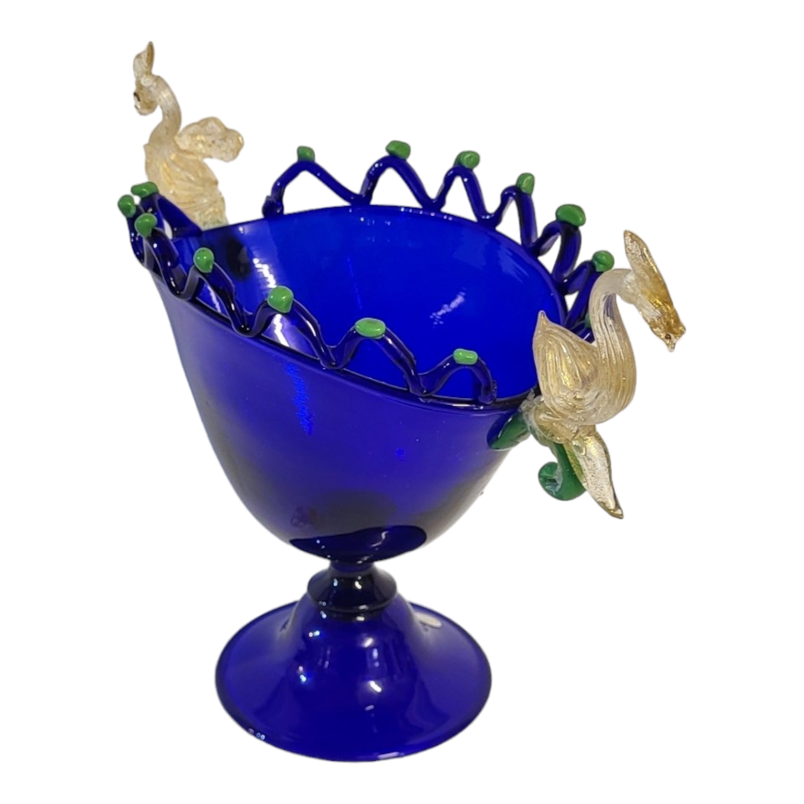 AN ITALIAN MURANO HAND BLOWN DARK BLUE GLASS PEDESTAL BOWL Applied to both sides with gilded glass - Image 2 of 7