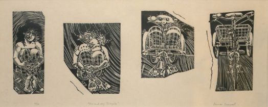 ANNE DESMET, BN 1964, A BLACK AND WHITE WOOD ENGRAVING Titled 'Me and My Tricycle', signed in pencil