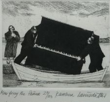 KAROLINA LARUSDOTTIR, ICELANDIC, 1944 - 2019, ETCHING Titled ‘Men Ferry the Piano’, signed, numbered