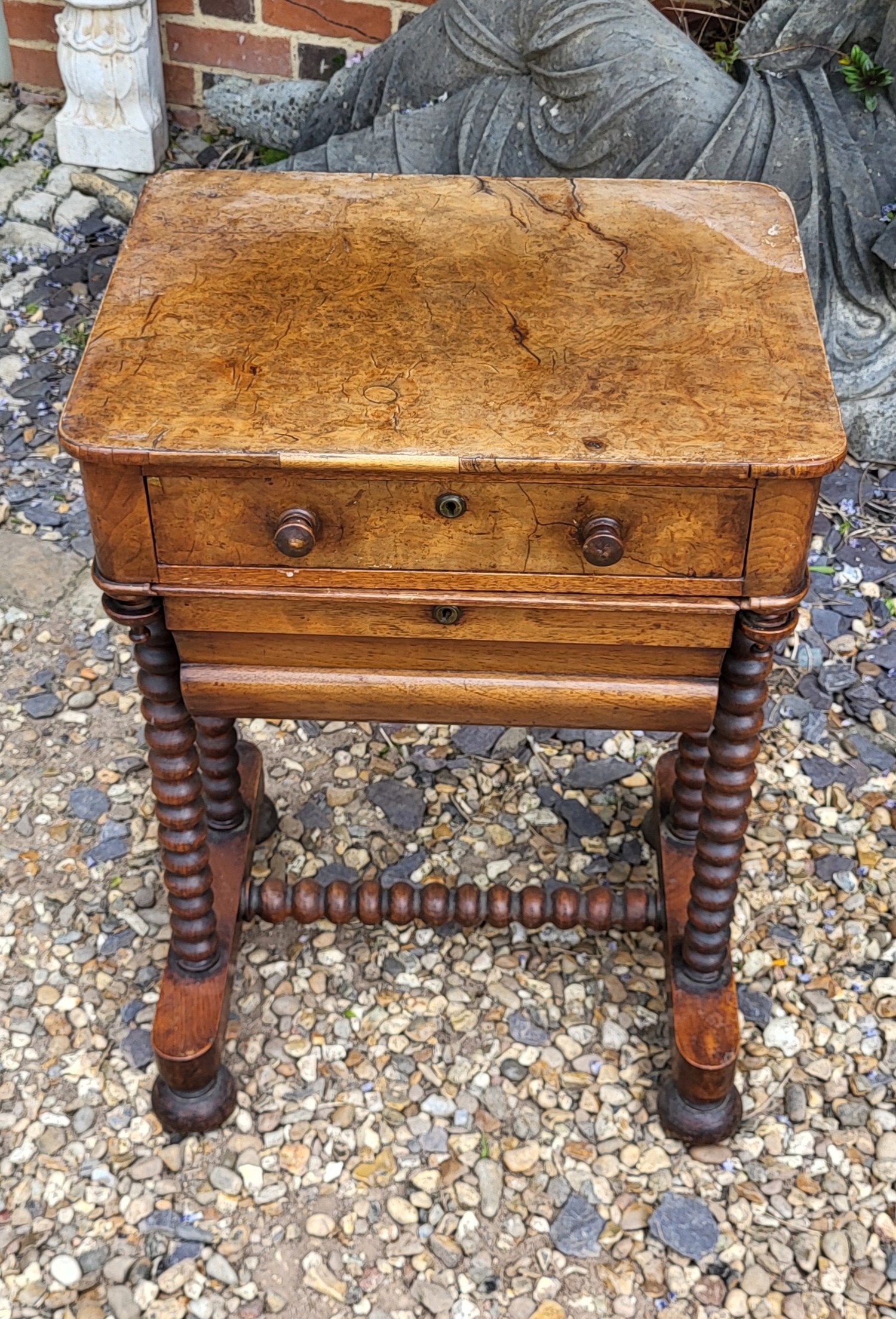 A 19TH CENTURY BURR WALNUT SEWING TABLE The compartmental drawer above a lined storage box, on - Image 5 of 5