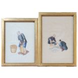 TWO 19TH CENTURY CHINESE WATERCOLOURS ON RICE PAPER, TWO FIGURES PLAYING A GAME In period attire,